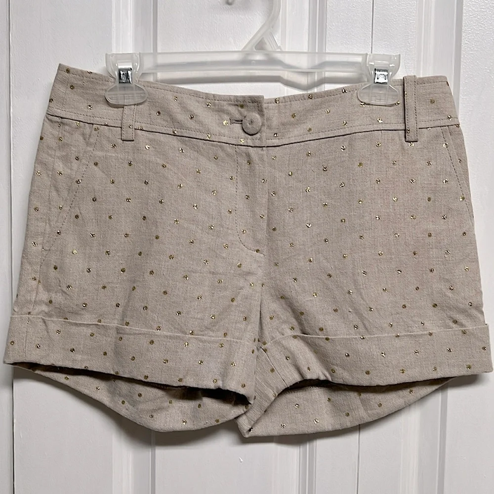 J Crew Beige Gold Sparkles 4 Pocket Mid Rise Cuff Linen Shorts Size 4 City Fit